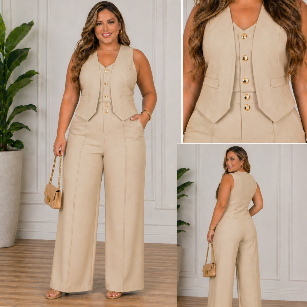 Conjunto Feminino Alfaiataria elegante Colete Miriam e Calça Pantalona Caimento Impecãvel.