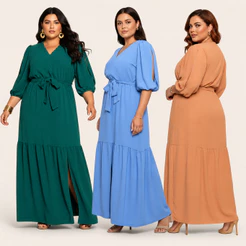 Vestido Longo Plus Size Duna Manga 3/4 com Fenda Elegante Igreja Casamento Festa (G1 ao G5)