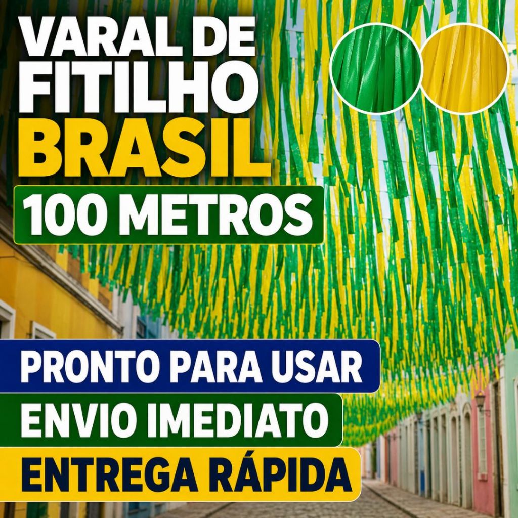 Kit 100 Metros Varal Fitinhas Verde Amarelo Brasil Copa do Mundo 2026 Decoração Brasil