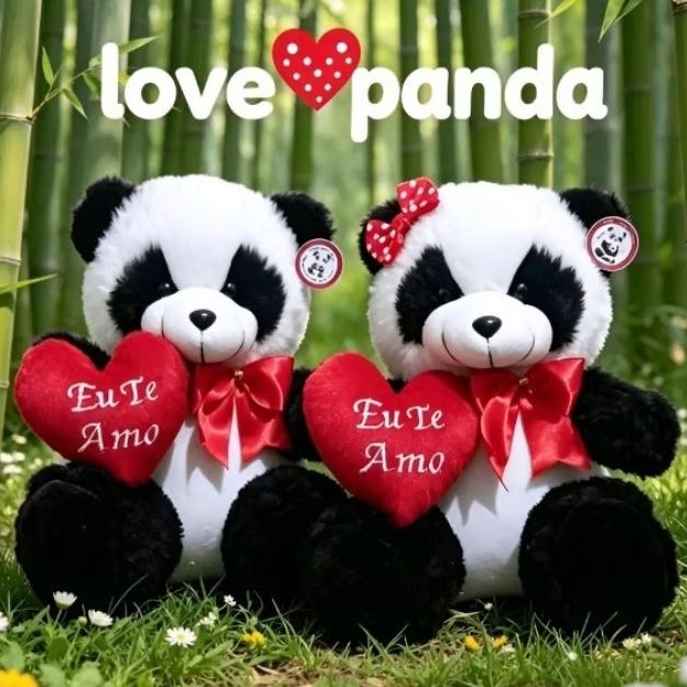 Urso Panda de pelúcia " Love Panda" de 30cm, com coração da frase : eu te amo e laço de cetim  vermelho + 1 cartão pres