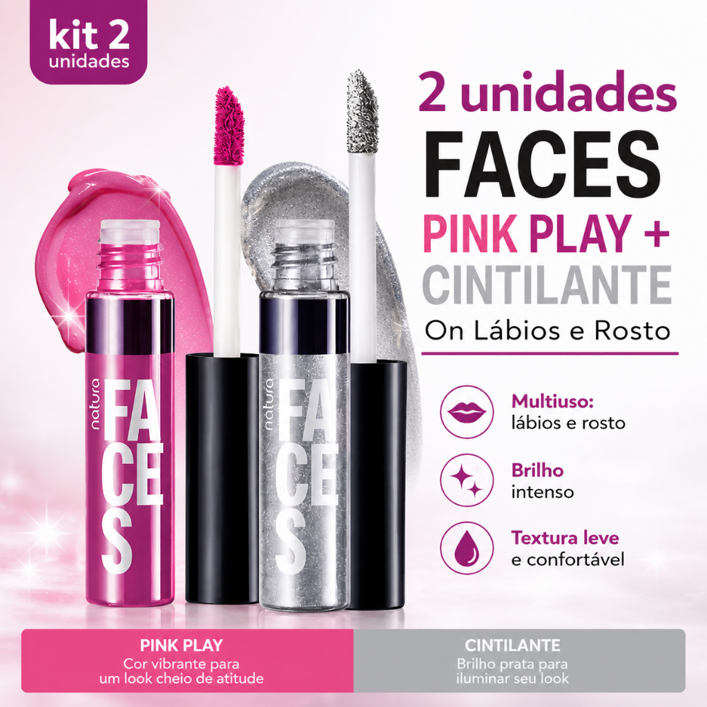 Kit Batom Lip Tint Gloss Faces 2 em 1 | Pink Play + Cintilante On Lábios e Rosto