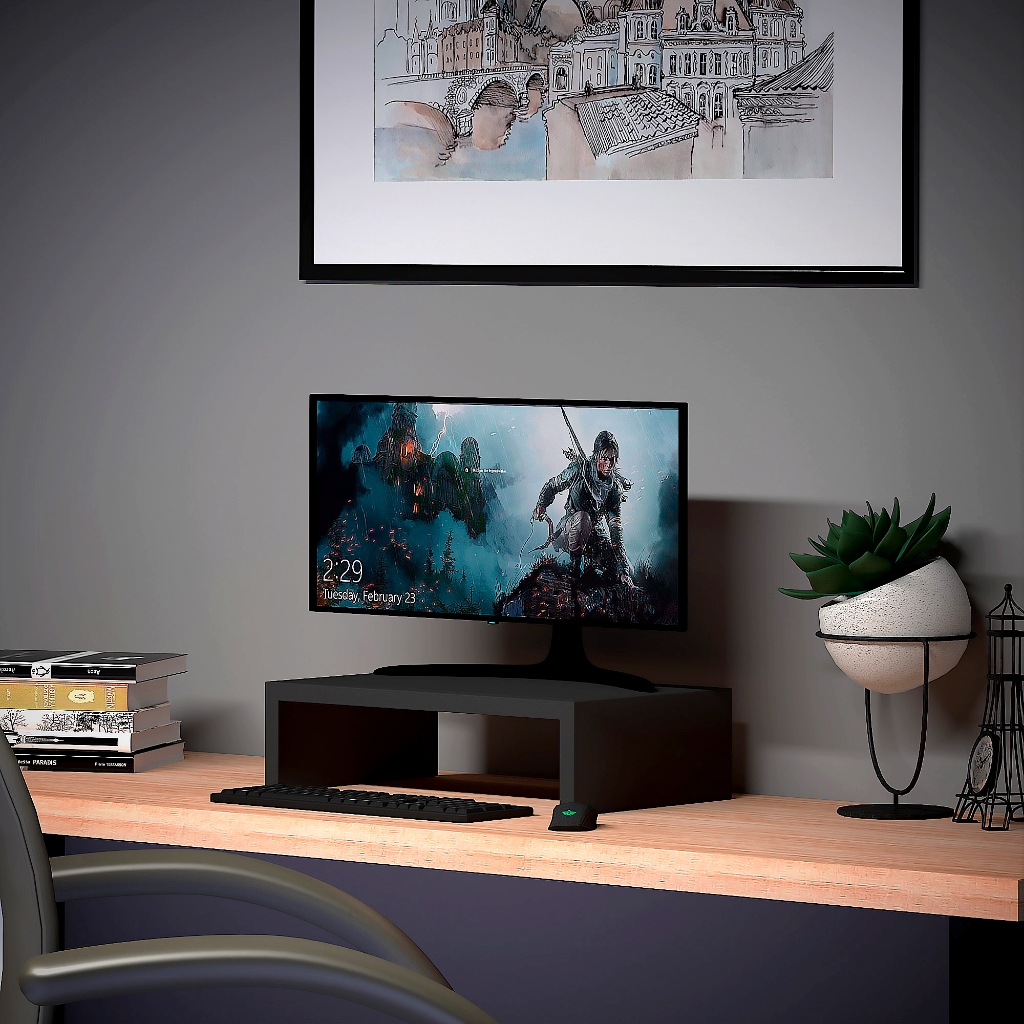 Suporte Monitor MDF Preto Elevador Notebook Organizador Mesa Gamer Escritório Ergonômico