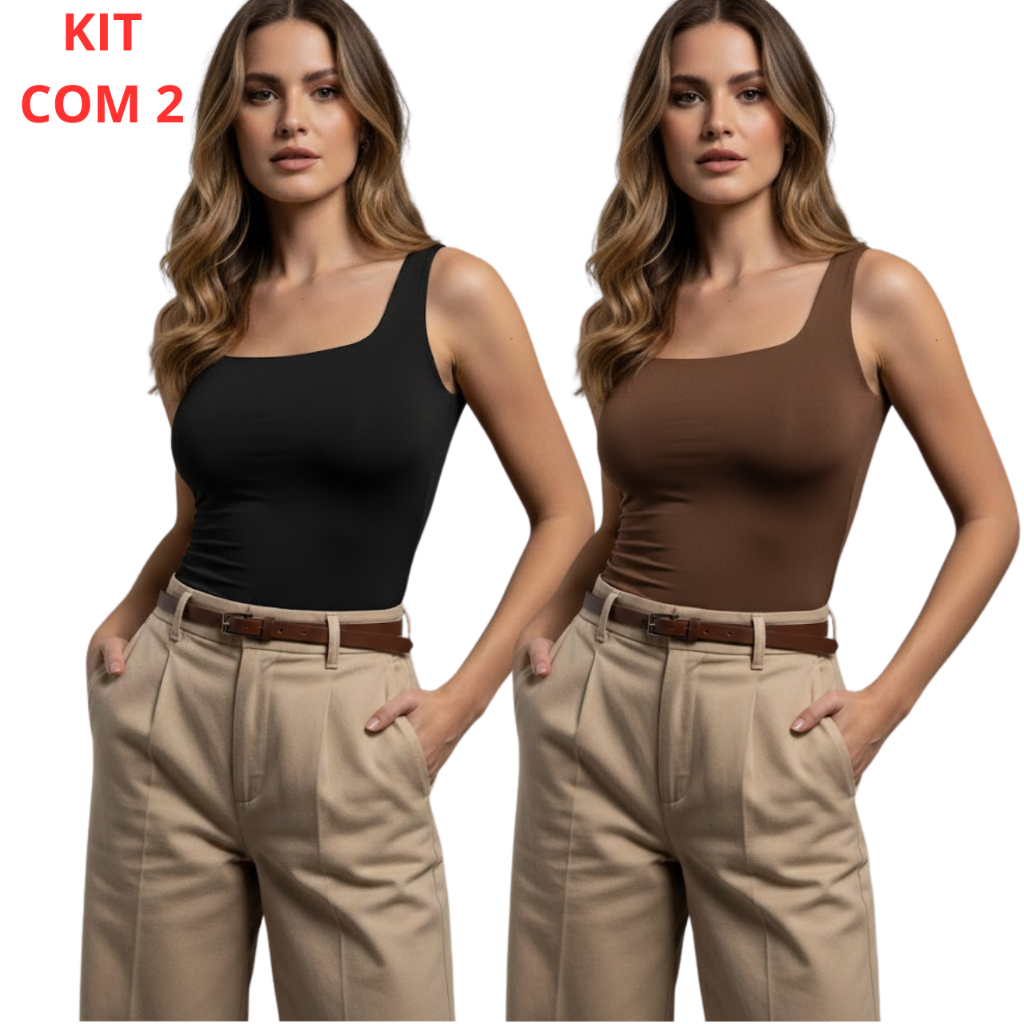 Kit 2 Blusa Regata Feminina Decote Quadrado Suplex Elastano Blogueira Tendência