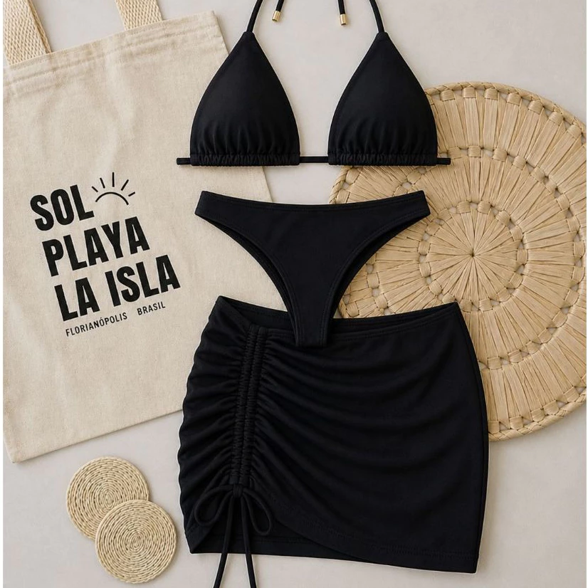 Conjunto Biquíni Asa Delta Cortininha + Saída De Praia Feminino Bojo Removível