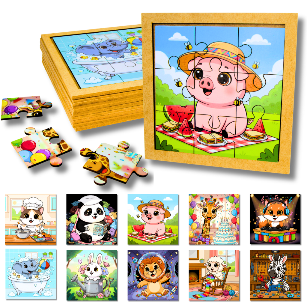 Kit Jogo 10 Quebra Cabeças Animais Brinquedo Infantil Educativo em Madeira MDF Pedagógico Montessori