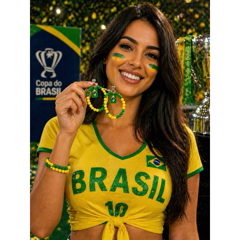 Brinco Feminino Copa do Brasil Verde Amarelo Bandeira do Brasil Argola Torcedora Seleção Brasileira Luxo