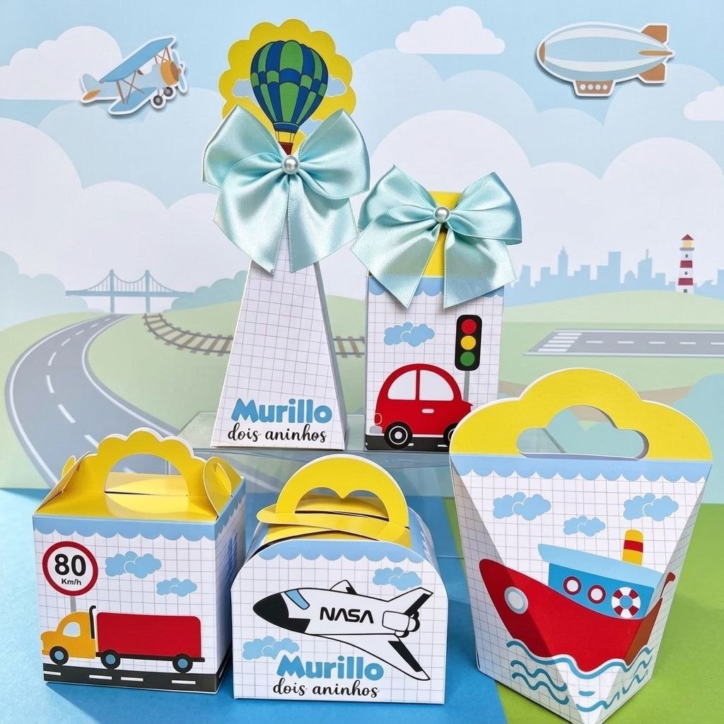 Kit Personalizados MEIOS DE TRANSPORTE CARRINHO AVIÃO Pegue e Monte Caixinhas Lembrancinhas Festa Infantil Aniversário