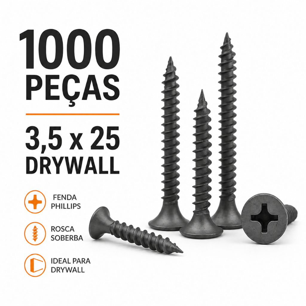 Kit Parafuso Drywall 3,5x25 Preto Ponta Agulha | 1000, 500 ou 100 Peças | Fixação Rápida e Segura