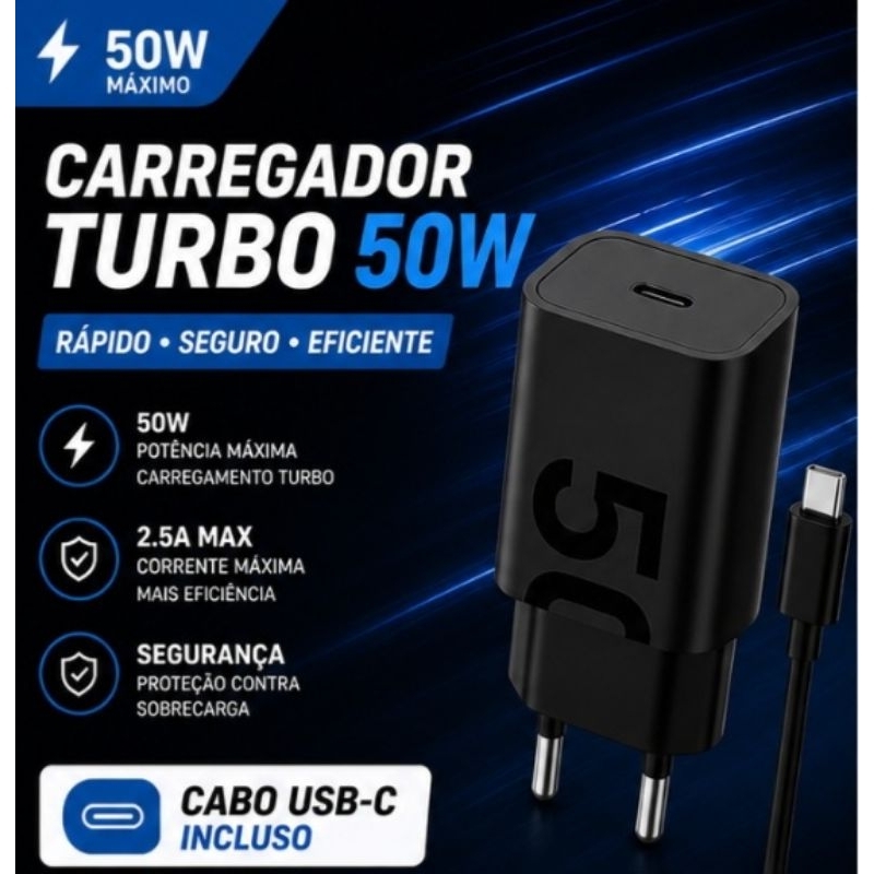 Carregador Turbo Tipo C 2.5A Rápido + Cabo Reforçado | iPhone Samsung Motorola A