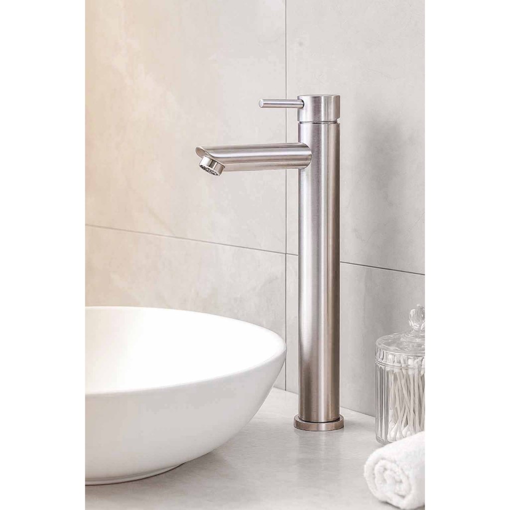 Torneira Monocomando Inox Escovado Banheiro Cuba Apoio Bica Alta Metal Elegante