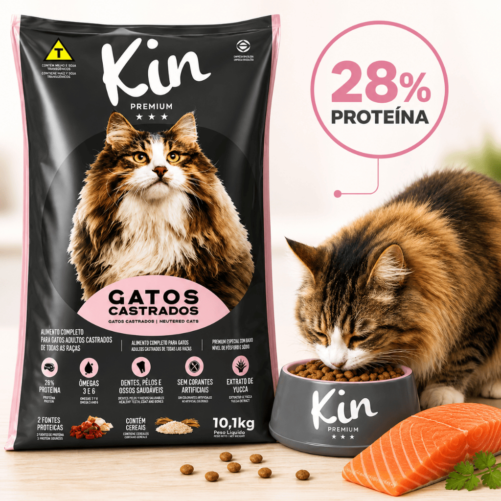 Ração Kin Premium Gatos Castrados 10,1kg 28% Proteína Completa Com Ômega 3 e 6 (1 ou 2 Unidades)