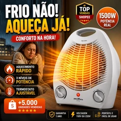 Aquecedor De Ar Britânia 1500W AB1100N 3 Níveis Termostato Ventilador Portátil Quarto Sala Banheiro
