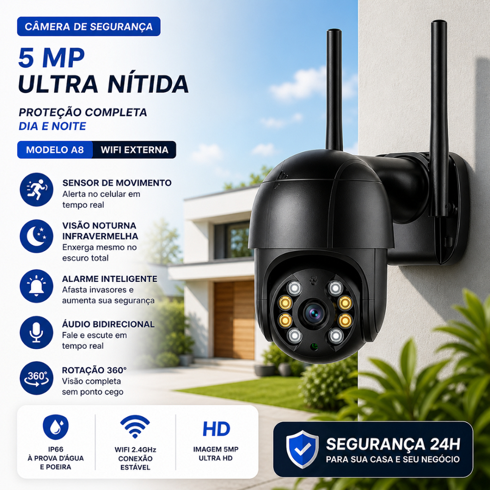 Câmera Segurança WiFi 5MP A8 IP66 Externa Visão Noturna Sensor Movimento Alarme Áudio 360° Android iOS Prova D'Água