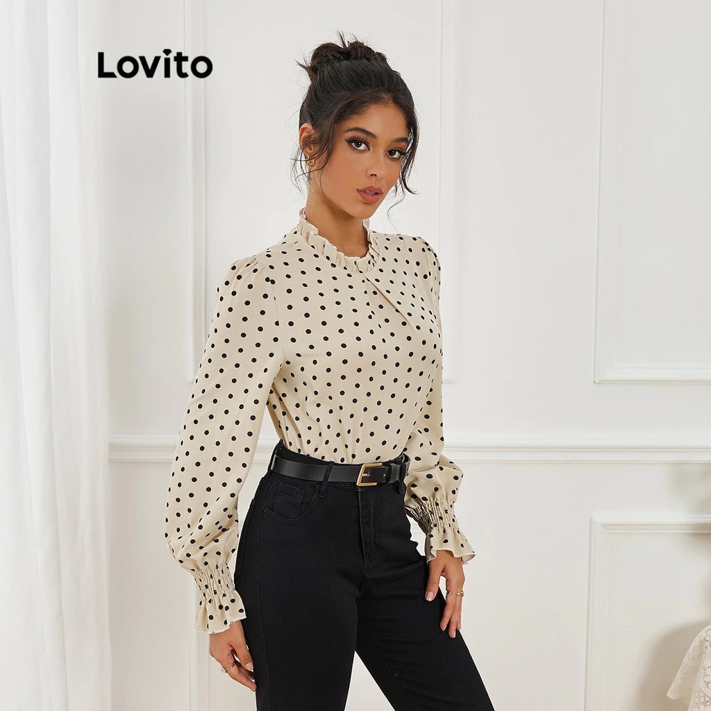 Lovito Blusa Elegante Feminina Manga Longa com Gola Franzida BLB10BR024