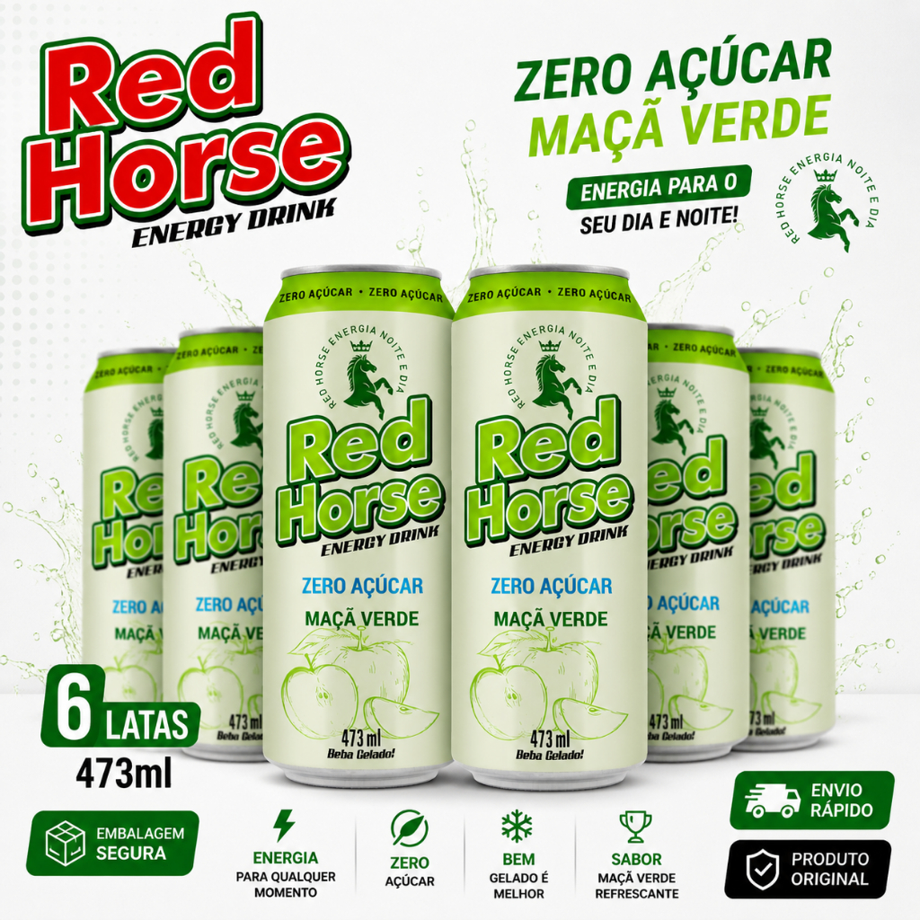 Energético Red Horse 473ml Zero Açúcar Maçã Verde Original Lata Kit 6 12 24 Unidades