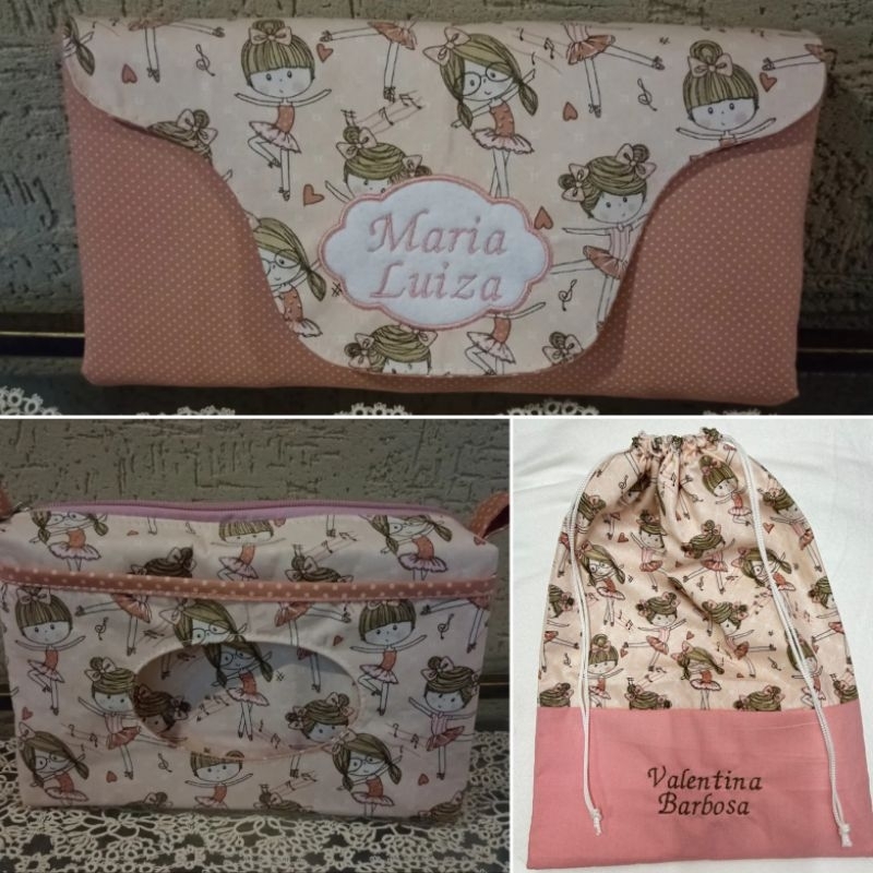 kit com trocador portátil, nécessaire para fralda e lenço e um saco organizador 25x35