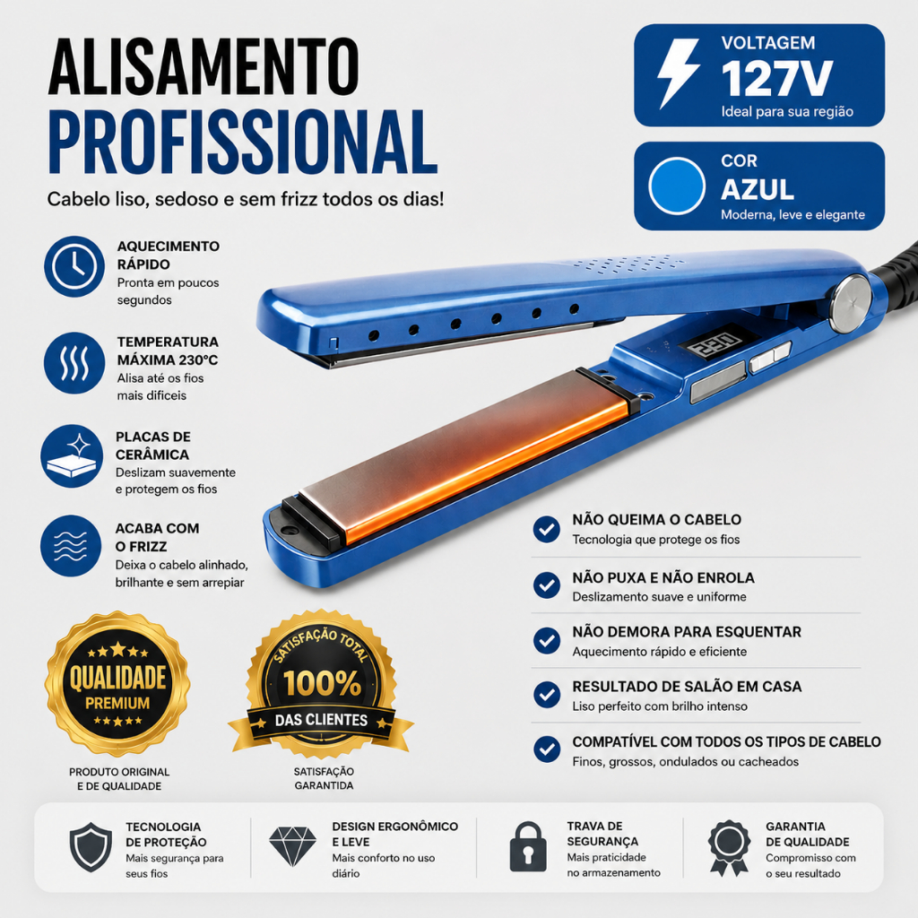 Chapinha Prancha Profissional Azul Alisadora Cerâmica 230 Graus Anti Frizz Display Digital 127V