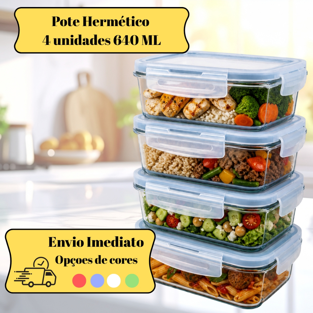 Potes Hermético 1/2/4  Unidades Vidro 640ML Retangular Transparente Tampa 4 travas  Marmita Fitness