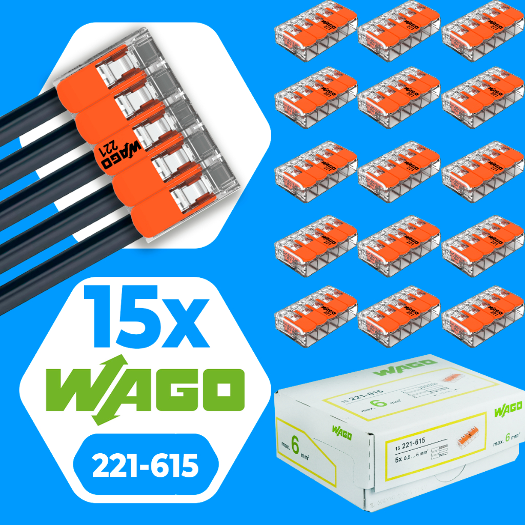 Conector de Fio Elétrico Wago 221-615 Conector Wago Emenda 6mm 41A Conexão Automática Kit 15 Peças