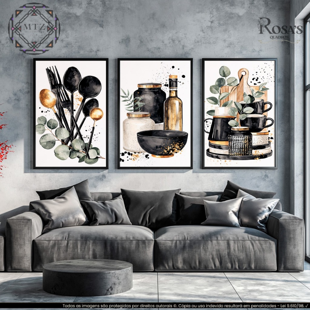 Kit 3 Peças Quadros Decorativos Cozinha Gourmet Utensílios Aquarela Luxo Preto e Dourado Rosa Shops