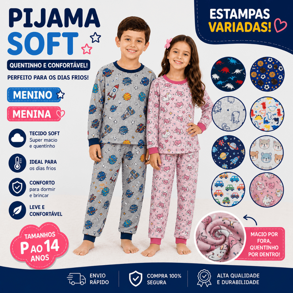 Pijama Infantil Soft Longo Inverno Estampado Sortido Menino e Menina P a 14 Anos Confortável