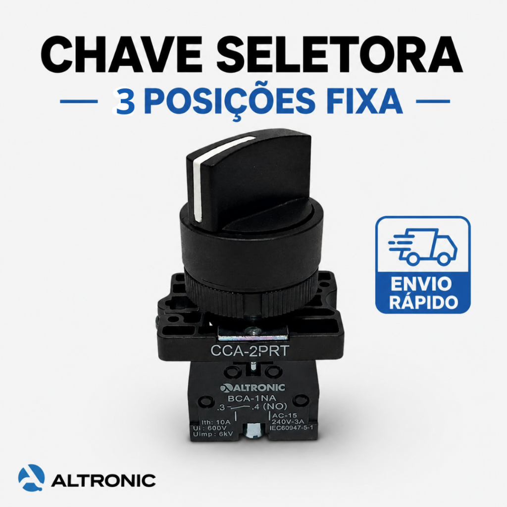 Chave Seletora 3 Posições Fixa 22mm Comutadora Com 2 Blocos De Contato NA Altronic 5CCA3PRT