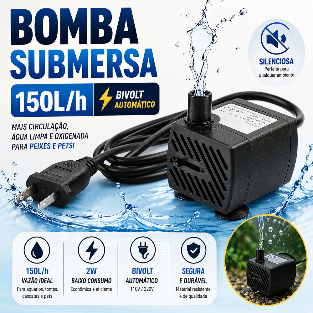 Bomba Submersa Aquário Fonte Água Bebedouro Pet Bivolt 150L/h Silenciosa Compacta Econômica 2W Mini Motor Submersível