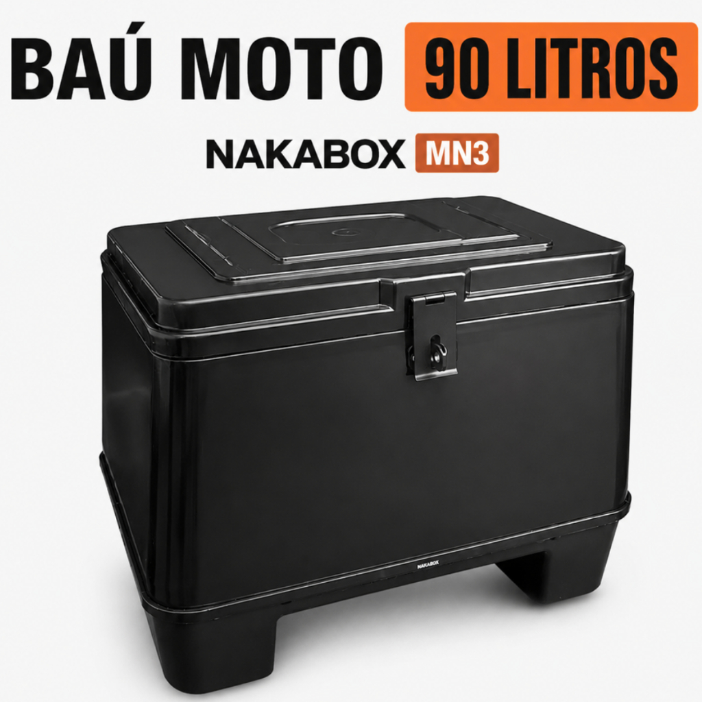 Bau Moto 90L Nakabox MN3 Preto Baú Grande Motoboy Delivery Reforçado Carga