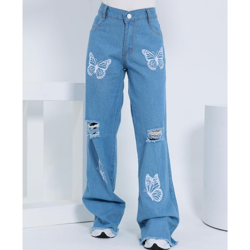 Calça Infantil Jeans Menina Juvenil Modelo Wide Leg Cintura Alta Estampa Borboleta