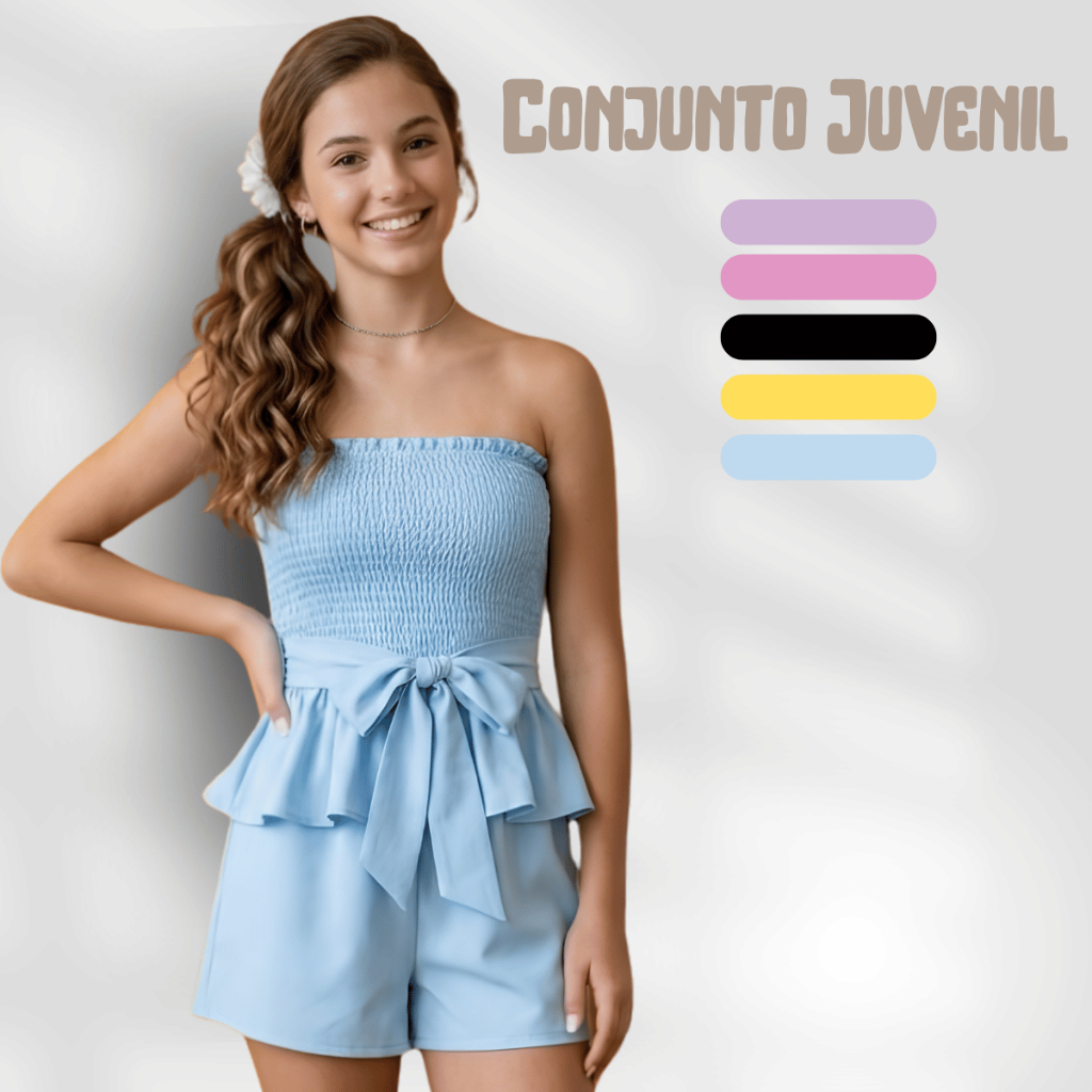 Conjunto Femenino Juvenil Short e Bata Tomara que Caia Moda Verão Look Menina Casual