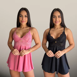 Kit 2 Camisolas Femininas sem Bojo Sensual com Renda Lingerie Linha Noite Camizola Pijama Roupa de Dormir Rendada Sexy