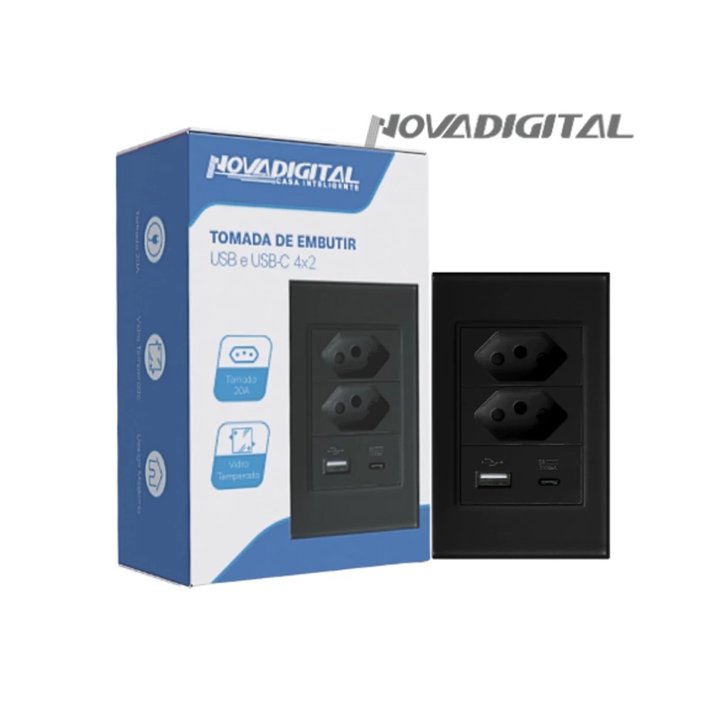Tomada Dupla Usb Usbc Novadigital 10A 16A 20A 4x2 Vidro Temperado Embutir Sem Wifi WK-USBC Branca