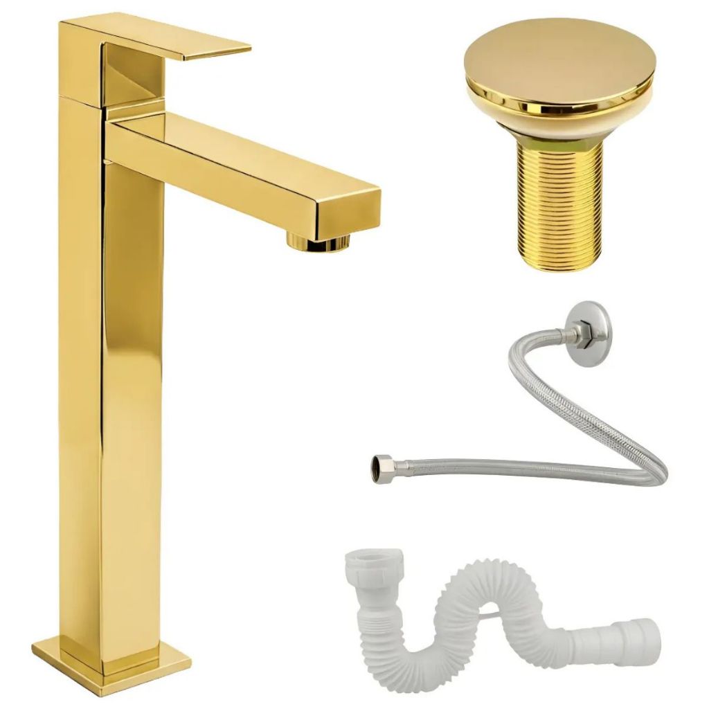Torneira Banheiro Dourado Inox Alta Luxo + Válvula Click 7/8 + Engate Sifão Uni