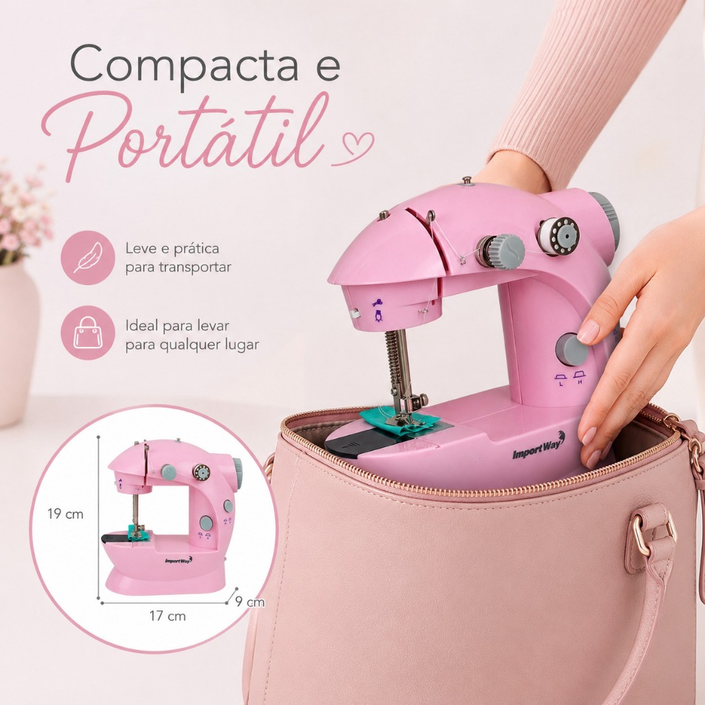Mini Máquina Costura Portátil Rosa Bivolt Importway 2 Velocidades Pedal Luz Ajustes Dia a Dia · foto 2