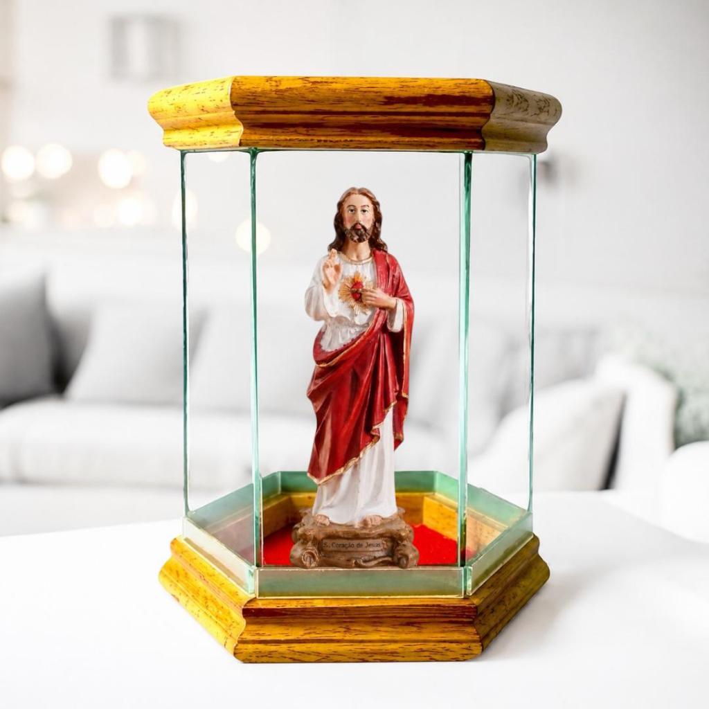 Imagem Sagrado Coração de Jesus 15 Cm Resina com Redoma de Vidro Oratório