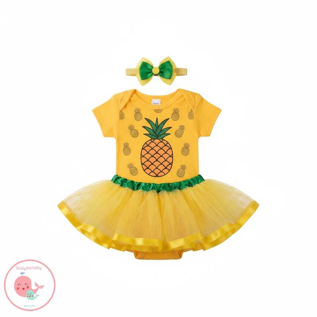 Bebê Abacaxi Mesversário Body Saia Tule Laço Infantil Kit Menina Temático Fantasia