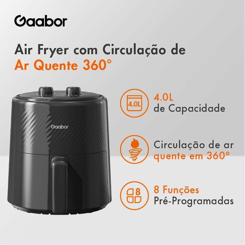 Gaabor Air Fryer 4L 1300W 360° Circulacao de Ar Cozimento Uniforme Timer Temperatura Desliga ao Extrair