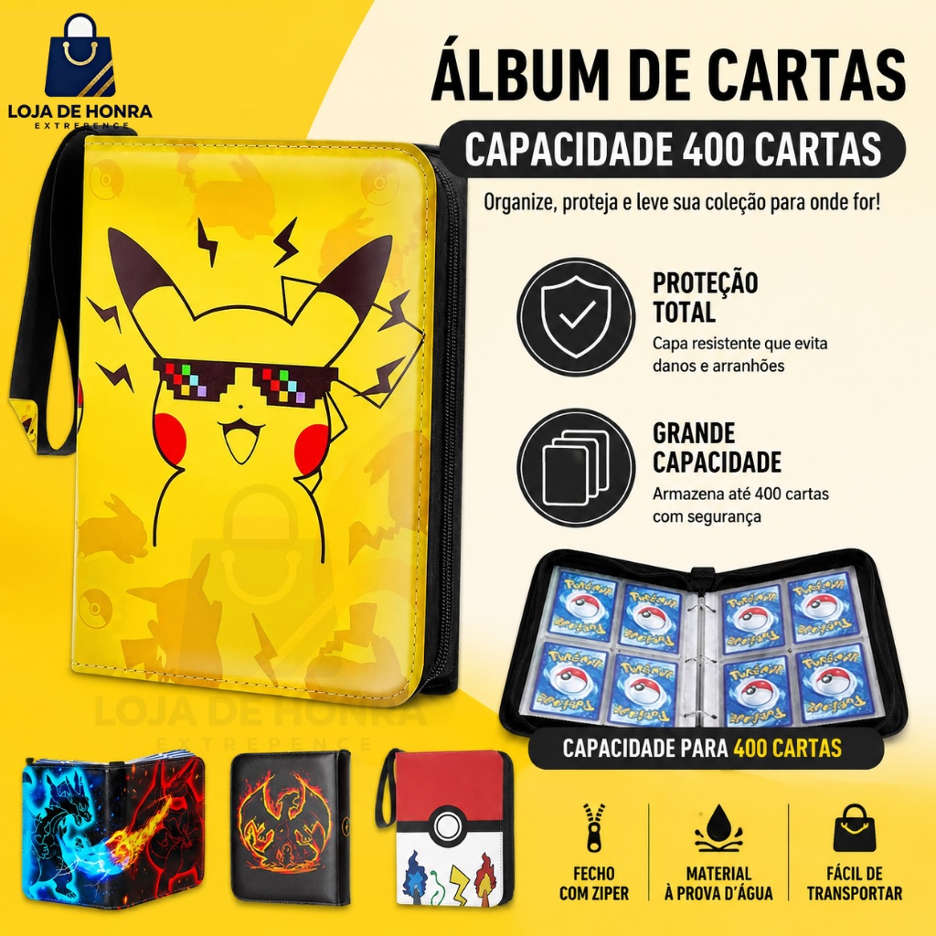 Fichário Pasta Álbum para 400 Cartas Pokémon TCG - Capa Dura 50 Folhas com Zíper e Álbum de cartas de anime