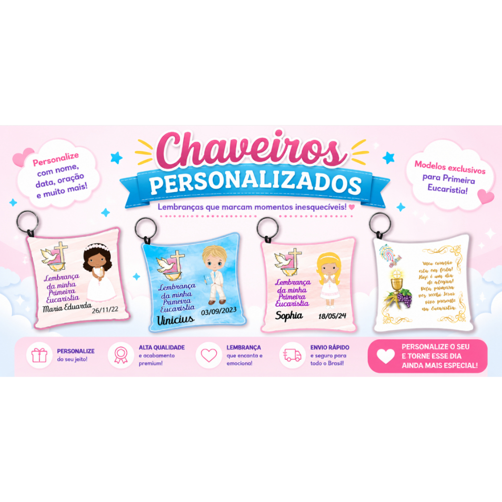 Kit Almochaveiros Lembrancinhas para Primeira Eucaristia Personalizado Menina ou Menino
