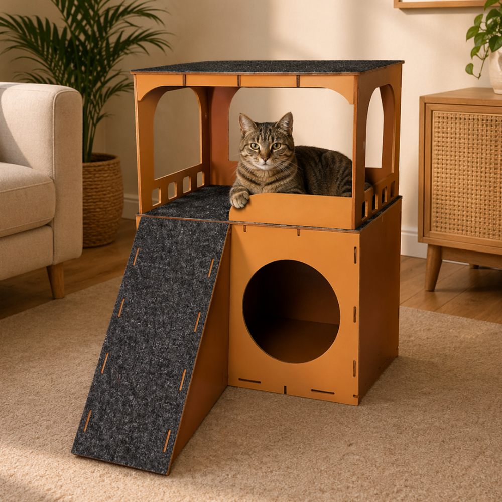 Torre Casinha Para Gatos Em Mdf Dois Andares Cor Caramelo e Mdf CRU com Rampa Arranhador Diversão
