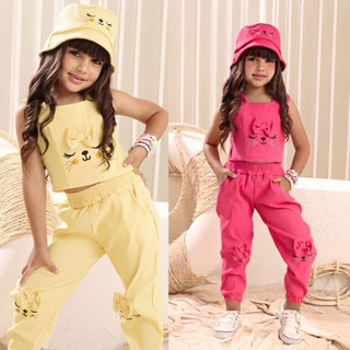 Kit Blogueirinha 3 Peças Blusa Calça e Chapéu 2 a 8 anos Várias Cores