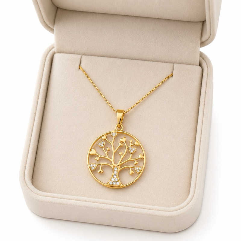 Colar Feminino Com Pingente Árvore Da Vida Cravejado Com Zircônia Banhado a Ouro 18k