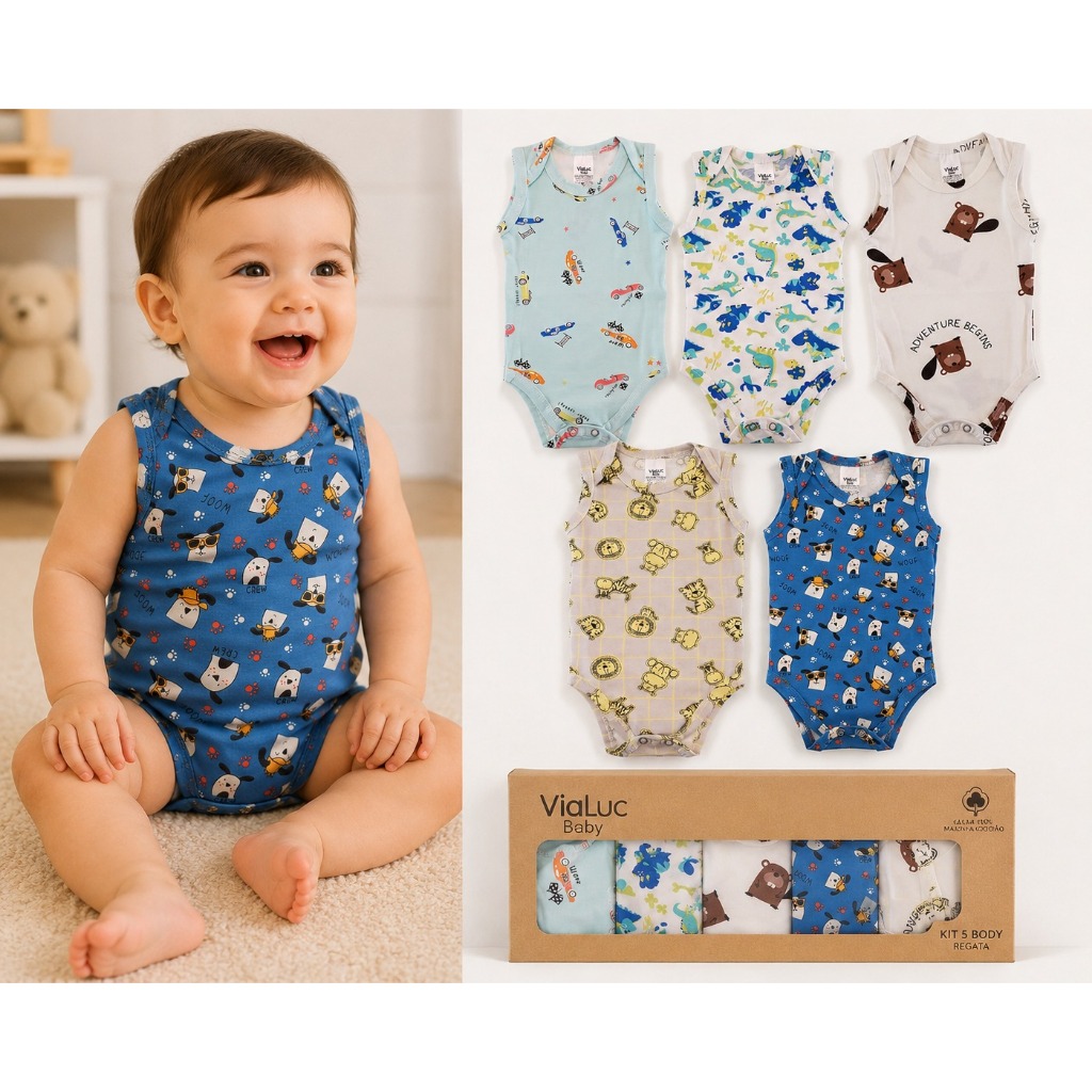 Body bebê regata menino algodão com elastano kit com 2 e com 3 enviados sortidos confortável luxo