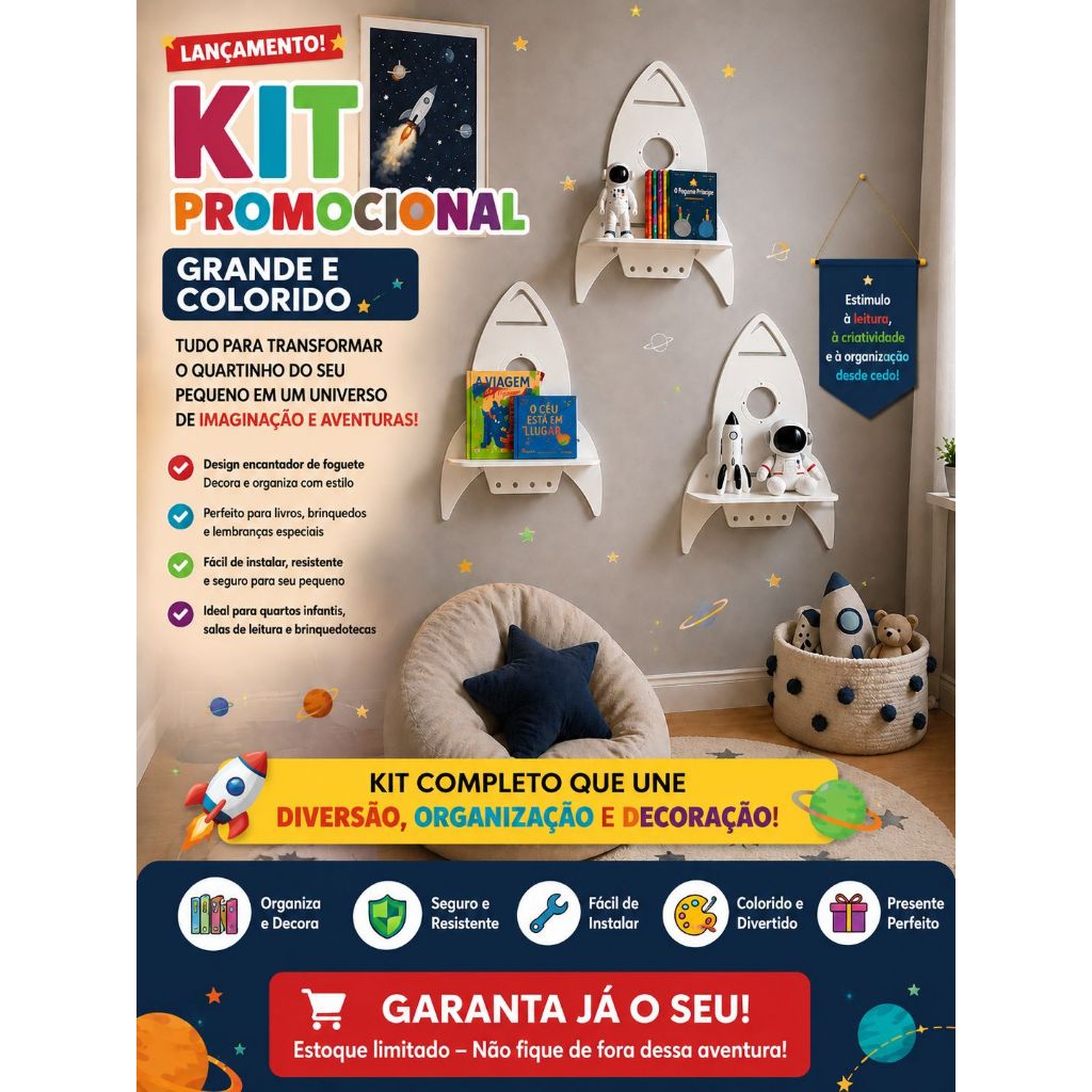 Prateleira Infantil Foguete -Nicho Decorativo Quarto Bebê Espaço-Astronauta-Foguete