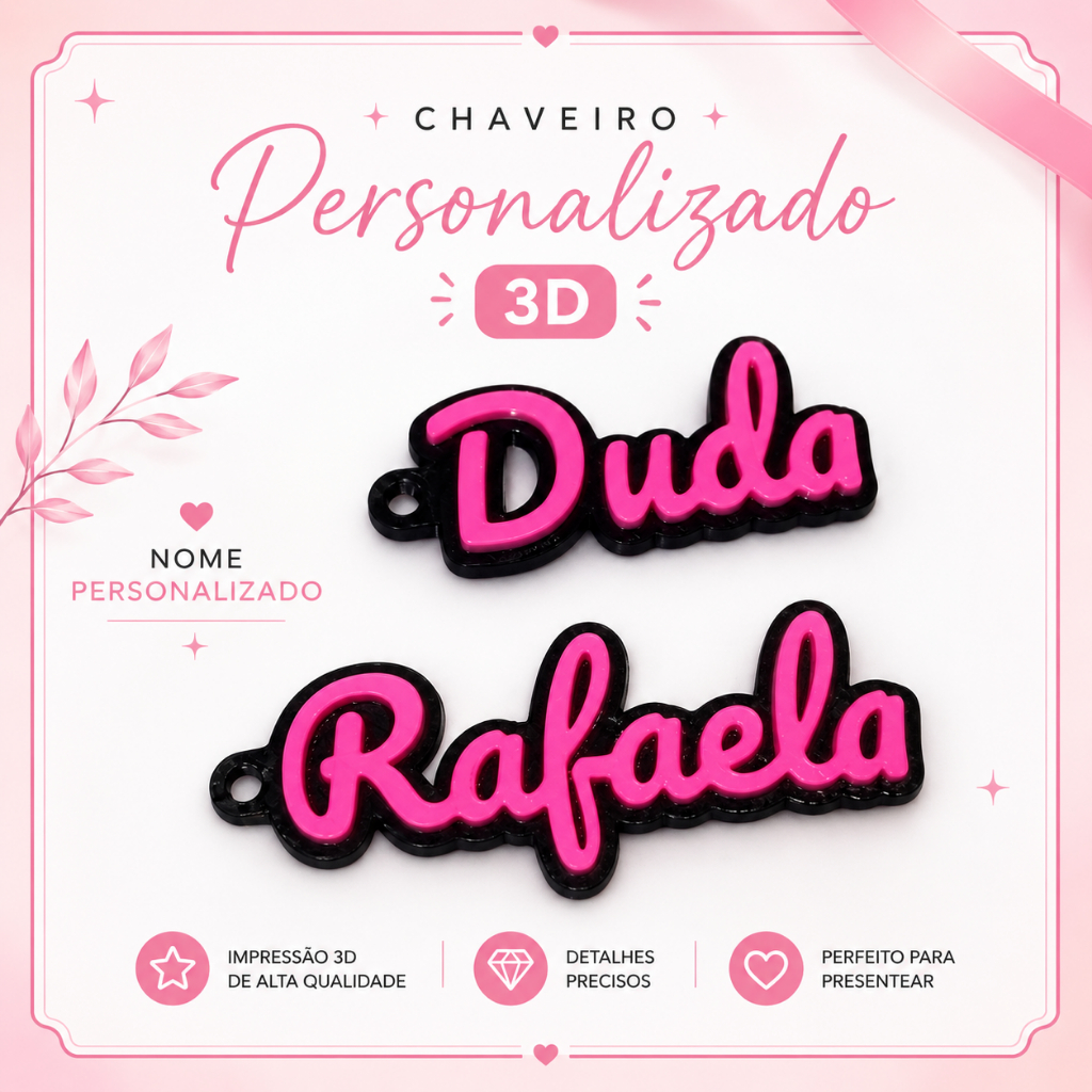 Chaveiro com Nome Personalizado 3D | Lembrancinha de Aniversário Presente Bolsa Mochila Estojo