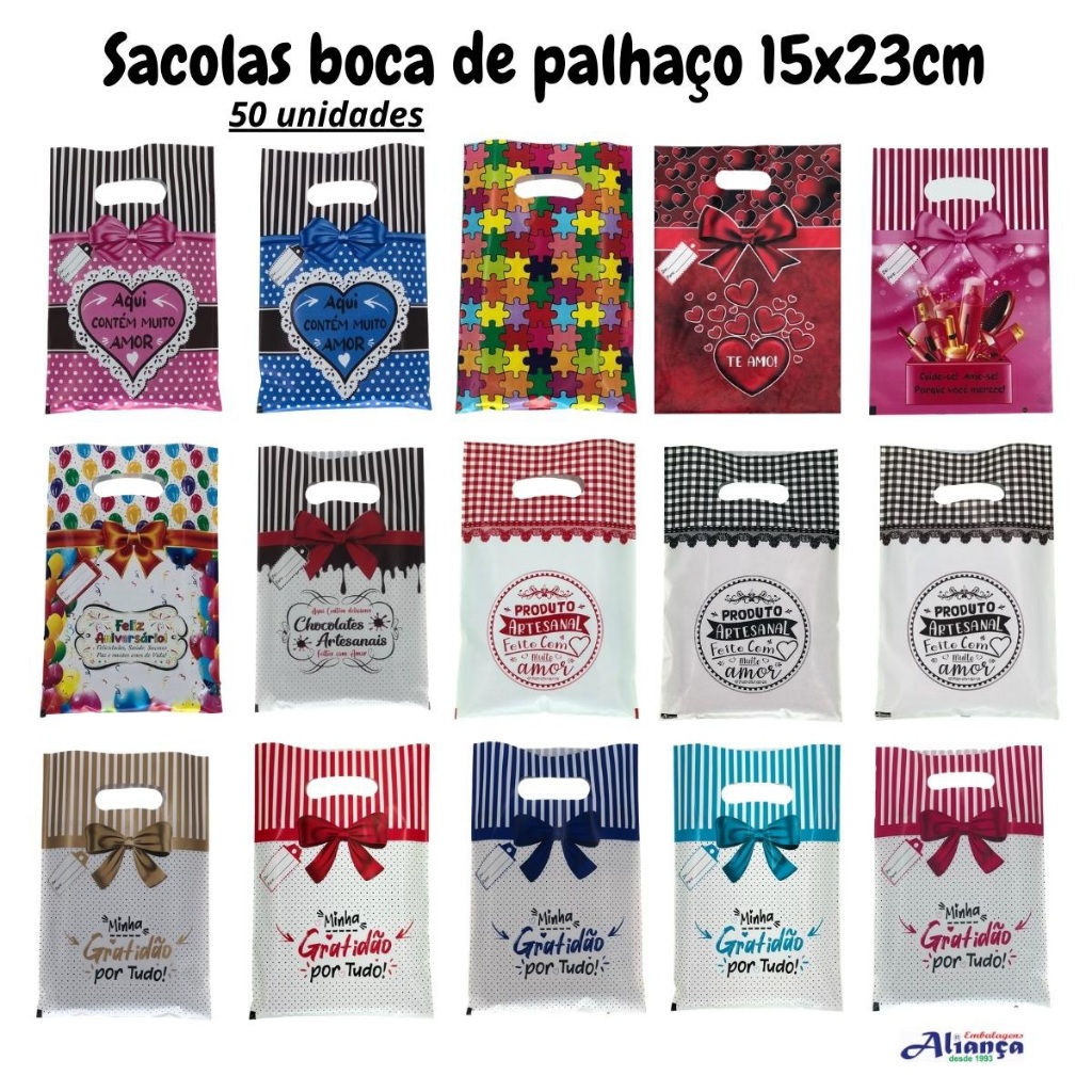 50 Sacolas Boca de palhaço 15x23cm Decoradas
