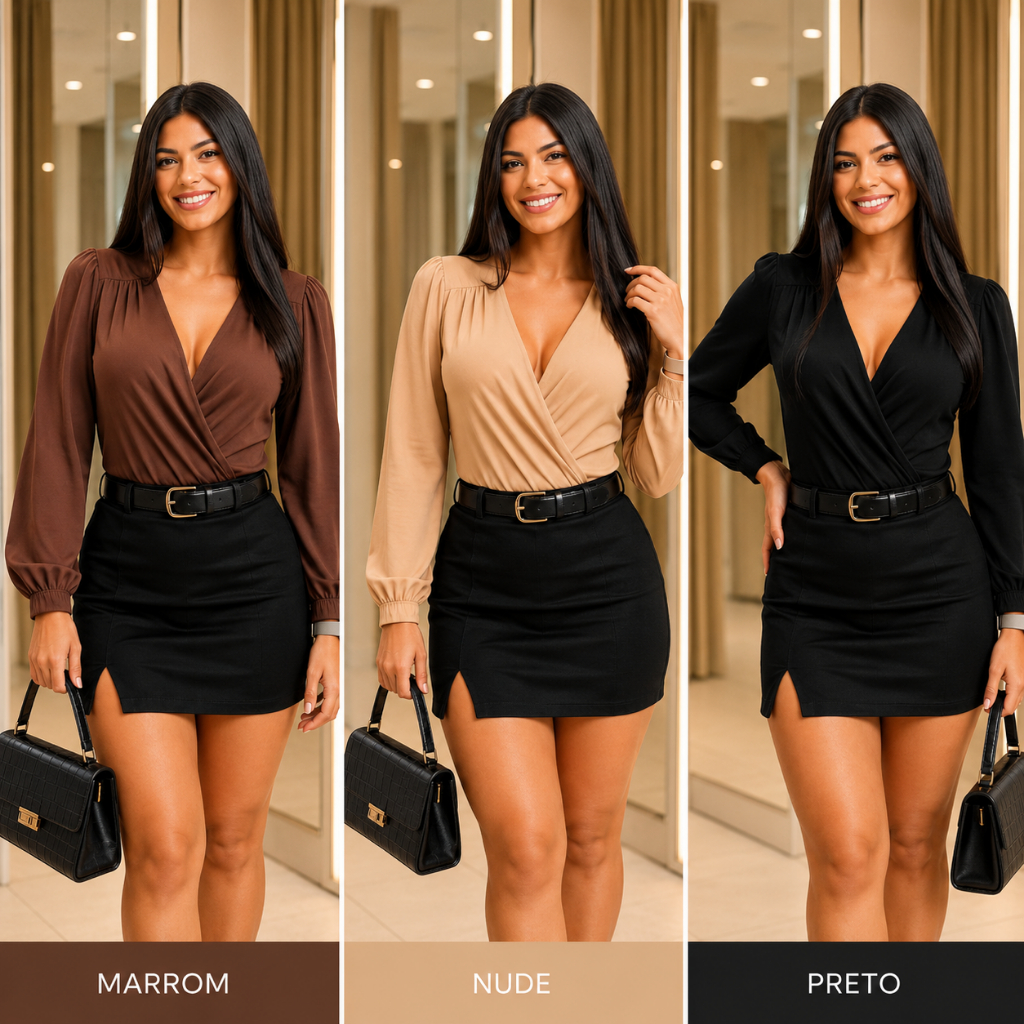 Kit 3 Body Feminino Transpassado Decote V Manga Longa Marrom Preto Nude Elegante Casual Festa Balada