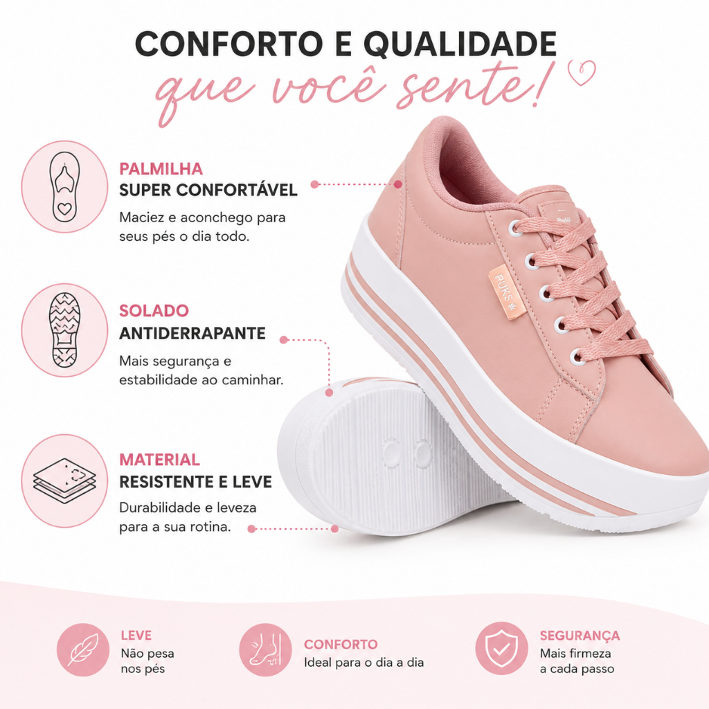Detalhes do Tênis Casual Feminino Plataforma Nude Estiloso Macio Conforto Leve e Super