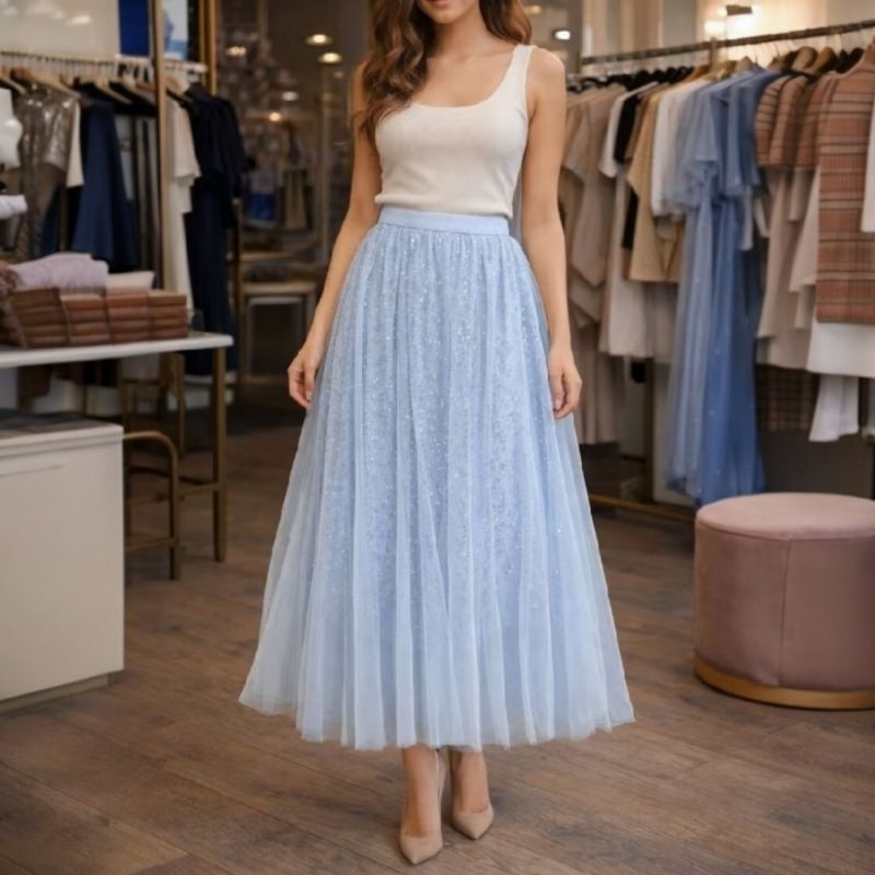 Saia de Tule com paetê, saia midi rodada com cós elástico, moda feminina.