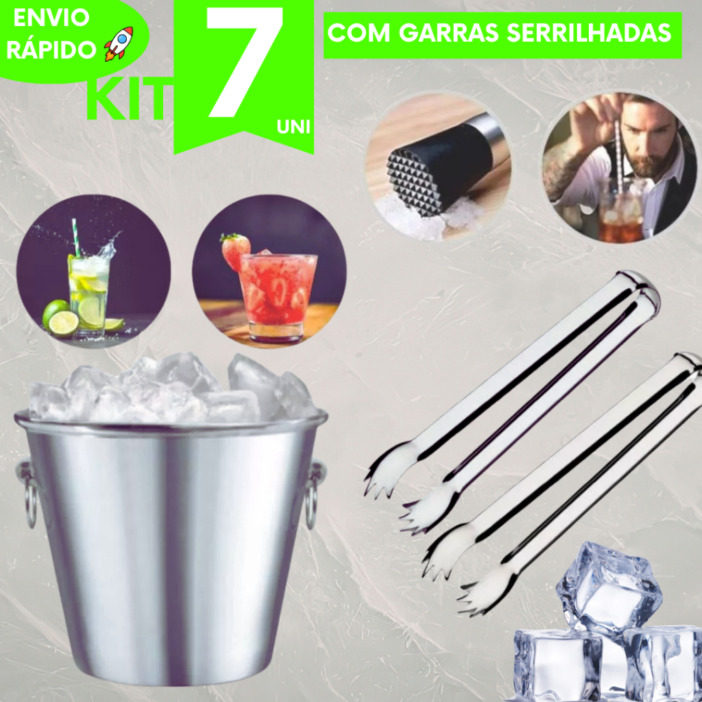 Kit Utilidades Pegadores Gelo Inox Garras Serrilhadas Pinça Culinária Drinks Churrasco e Cozinha Linha Premium Higiênico